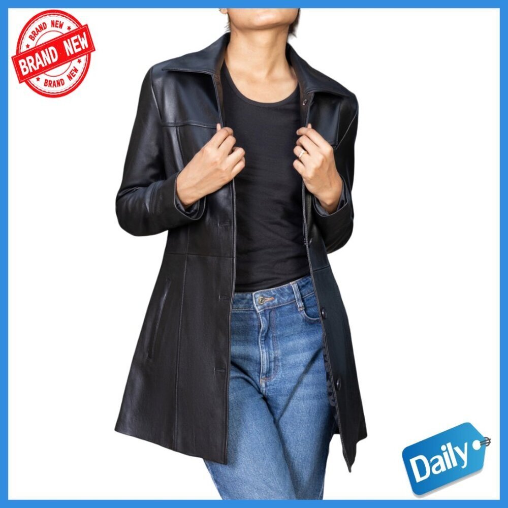 Genuine Leather Overcoat Blazer Style Jacket with Spread Collar